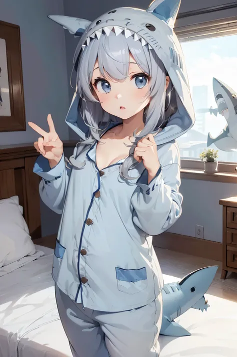 a bit, Nendoroid, ((Worst quality, low quality)), ((close), profile,1.5 Left Facing), (10 year old girl), Gray Hair, (Fluffy shark costume, short-sleeved summer pajamas:1.4), (Open Income:1.2), (Pale light blue pajamas:1.4), Animal Hoodie, (Hooded:1.Under ...