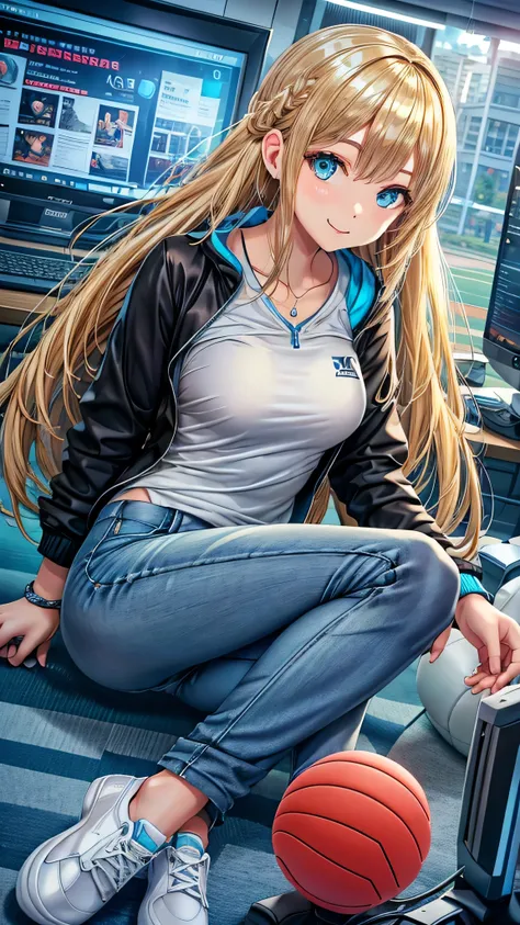 Best quality: 1.0), (Super High Resolution: 1.0), blonde black hair, blue aqua sparkling eyes, grey zip up jacket, Nintendo t-shirt, slight smile, long blue jeans pants, blue and white tennis shoes, sitting in front of computer playing games, background in...