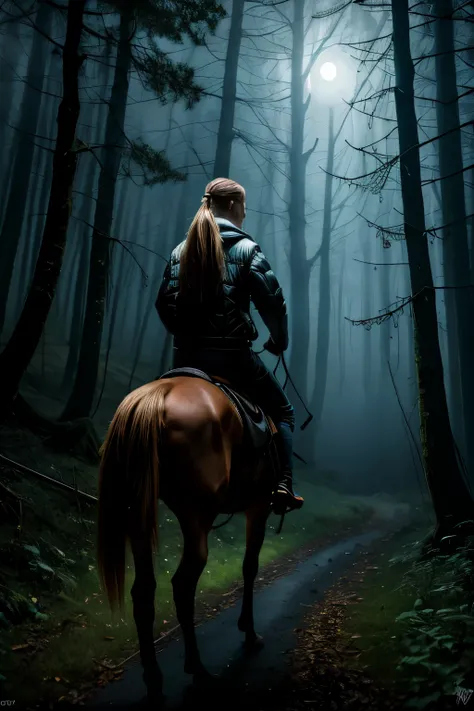 (best quality,highres:1.2),ultra-detailed,realistic,horror,portrait,forest scene,scary girl riding horse,moonlit night,haunting atmosphere,ominous mist and fog,majestic trees,star-filled sky, best quality,4k,8k,highres,masterpiece:1.2),ultra-detailed,(real...