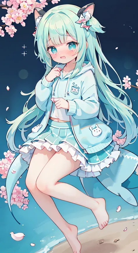 idol, yuri, bishoujo,light cherry blossom powder long hair, blunt bangs, nose blush , embarrassed , shy, aqua eyes, beautiful detailed eyes, crying with eyes open, aqua eyes, narrowed eyes,shark Deep Matcha Green hoodie , frilled white Silk Stockings,no sh...