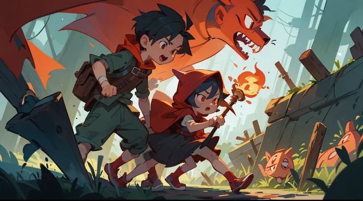 Cartoon illustration of a boy and a girl holding torches in a dark room, thief little red riding hood, combat chaser, Scottie Young, Inspired by Johannes Helgesson, Key Art, red hood, fable, Dusk Ruins Explorer, Adventure Island, Medium shot of two charact...