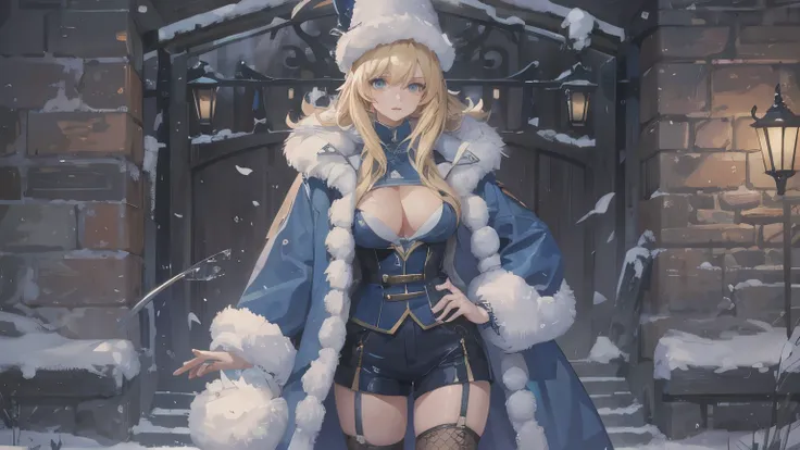 Long blonde,Blue winter coat,Big Breasts,Open chest,Thighs,Shoulder baring,White fluffy on the edge of the coat,woman,Shorts,Fishnet tights,Frog hat,fort,magic