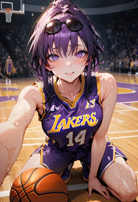 (best quality,ultra-detailed), portraits, (lakers yellow basketball sleeveless uniform:1.4), wet with sweat,basketball court, (s...