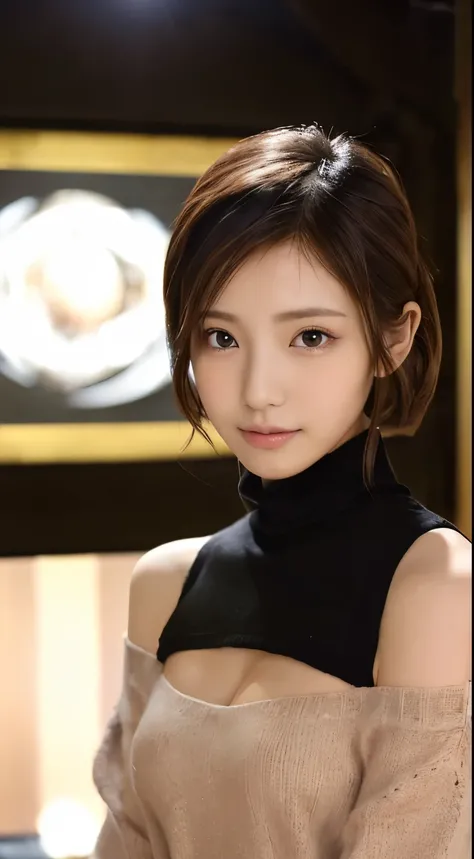 (Top quality、8k、32k、masterpiece、nffsw:1.2)、Photo of a cute Japanese woman、Mid-chest、(Wolf Cut)、(Dark brown shorthair cat),full-body shot、surface focus、((Off-the-shoulder turtleneck sweater))、A necklace、from above、looking at the audience、Extremely delicate ...