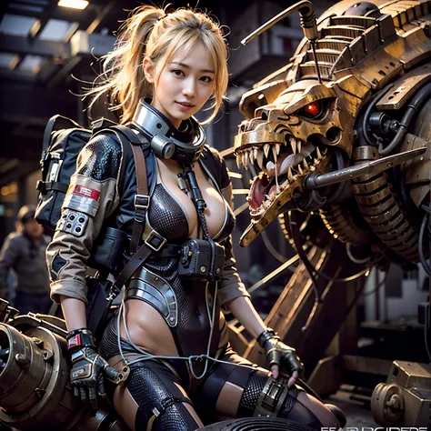 Japanese woman, heavy equipment, Mechanical backpack, very beautiful face, double teeth, fangs, reinforced exoskeleton with insect references, canine teeth, smiling face, blond hair, full body shot, photorealistic, realistic, ultra realistic, ultra detaile...