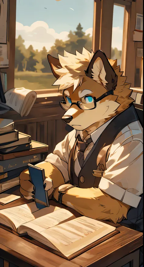 Ultra-high resolution, Detailed background, Chinese Pastoral Dog，Yellow-white hair，Blue pupils，Wear glasses，Serious expression（（Disdainful expression）），In front of the desk