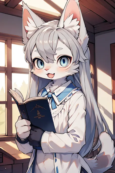 (Helster piece)) , ((highest quality)), figure, furry, 
Cat, animal ears, tail, body suit, 1 girl, throw, Upper body, 1 girl, alone, long hair, gray hair, *//*, blue eyes, *//*, white blouse, looking at the viewer, smile,open your mouth,tongue,Thin clothin...