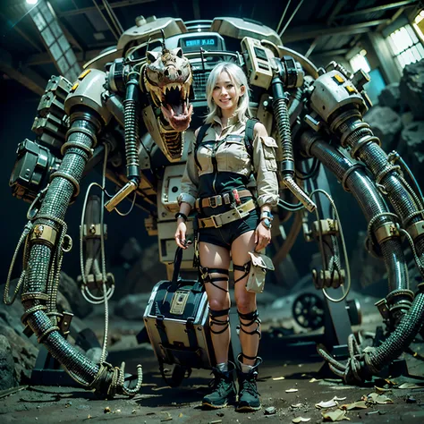 Japanese woman, heavy equipment, Mechanical backpack, very beautiful face, double teeth, fangs, reinforced exoskeleton with insect references, canine teeth, smiling face, silver hair, full body shot, photorealistic, realistic, ultra realistic, ultra detail...