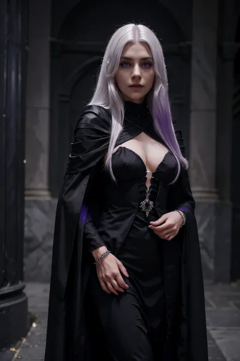 dark sorceress girl,White hair, purple eye, purple gemstone bracelet, black cloak on shoulders, dark gray suit black line