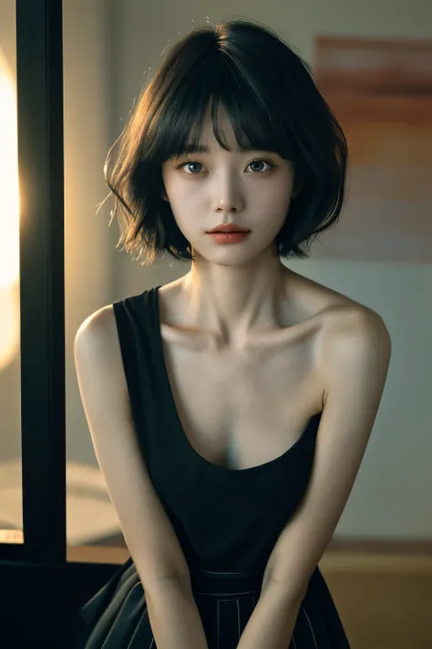 ((best quality，masterpiece:1.3))，sharp:1.2，Perfect body beauty:1.4，((Layered Hairstyle))、(Black long skirt:1.1)，(darkroom:1.2)，Highly detailed face and skin texture，Delicateeyes，(clavicle:1.3)，Double eyelids，((short hair))，childish，Beach at sunset，Break，cl...