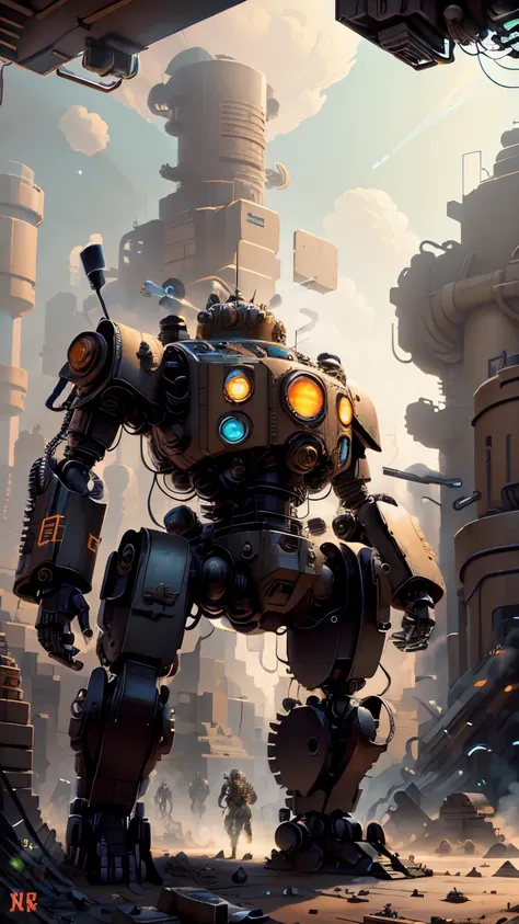 Dieselpunk AI。Bipedal Robot。The background is a maze of machines。