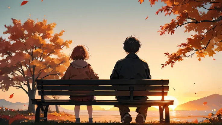 Create a picturesque autumn landscape。Two children sitting on a wooden bench、Turning away from the viewer。Around the children、There are trees full of rich orange and red leaves.、The leaves are falling gently around them。the children、Boy is green、The girl i...