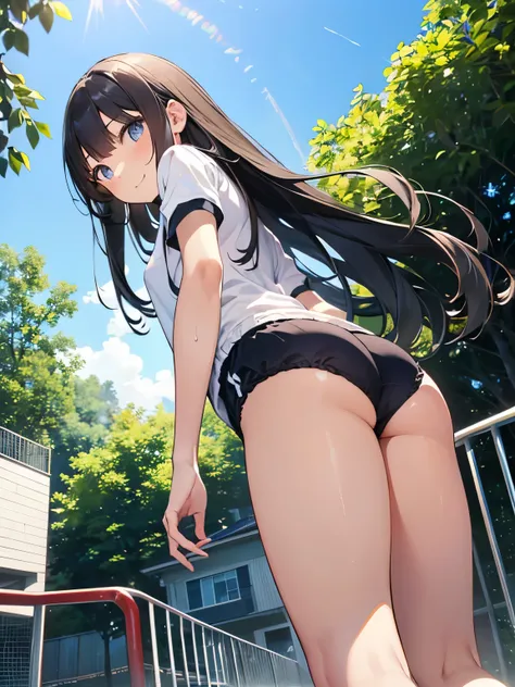 グラウンドをRun体操着姿の女の子、Black Hair、Semi-long hair、Butt、Over your shoulder、Back view、((from below:1.2))、Very detailed、High resolution、Super Beauty　highest quality、8Kのmasterpiece, highest quality, The real picture, Intricate details, The Very detailed, 超A high res...