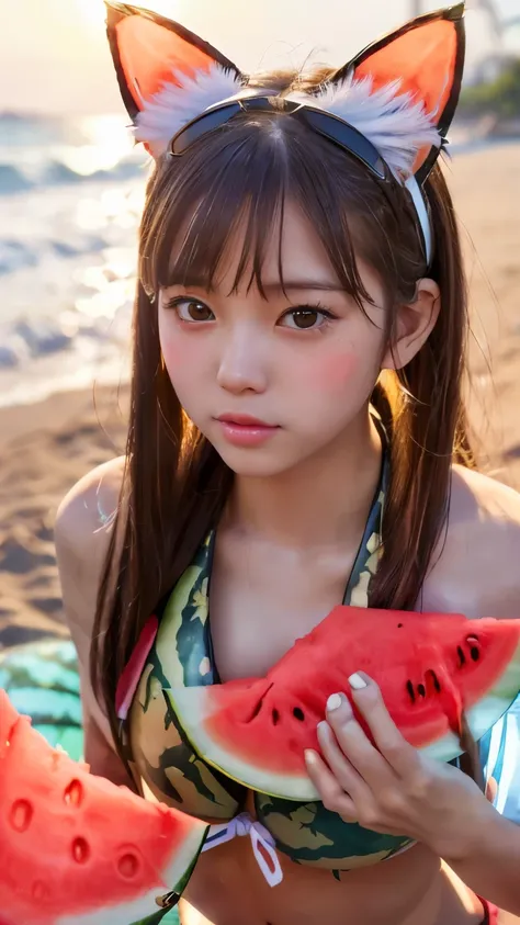 Masterpiece, 4K, bokeh, Photorealistic, high school girl on the beach , (Japanese idle:1.6), White long hair, Light brown eyes, (Cat ears:1.3), (Big tits:1.6), (Plump breast:1.35, Looking at the viewer, Blushed face, Close up, (Watermelon bikini:1.4), Ride...