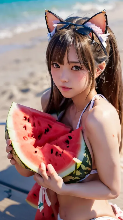 Masterpiece, 4K, bokeh, Photorealistic, high school girl on the beach , (Japanese idle:1.6), White long hair, Light brown eyes, (Cat ears:1.3), (Big tits:1.6), (Plump breast:1.3), Looking at the viewer, Blushed face, Close up, (Watermelon bikini:1.4), Ride...