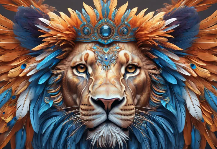 Three lions with feathers on their heads、A drawing of a lion with wings on its head, highly detailed Visionary art, hyper - detailed Visionary art, hyper detailed Visionary art, Beeple and Jeremiah Kettner, Galen Dala, Visionary art, By Gina Bauck, Visiona...