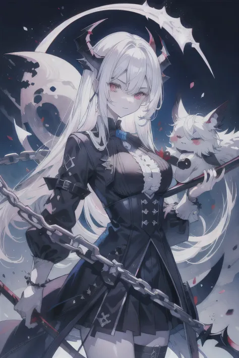 Evil white-haired demon, Chain Scythe Sexy Code, Eyes with heterochromia, black, Red Moon and Blue Roses, Fantasy Background