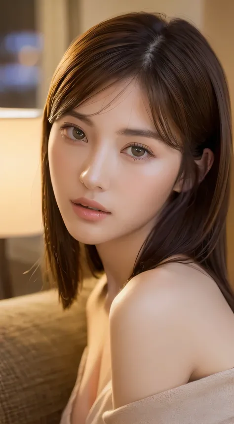 ((Night view, Realistic Light, highest quality, 8k, masterpiece: 1.3)), One girl, Beautiful woman with slim figure: 1.4, (brown hair, Medium chest: 1.3), Off-the-shoulder cut top: 1.3, sofa, Highly detailed face, Fine grain, double eyelid