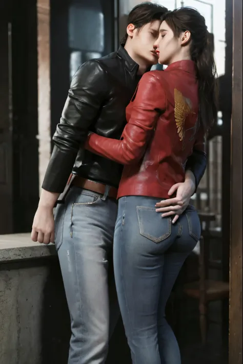 (masterpiece, best quality), 1girl and 1 man, claireredfield2, wear jeans, kiss the man , girl back, the man is pressing girl against the wall