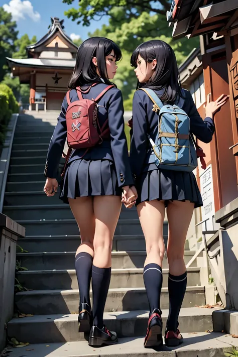 ((highest quality)), ((masterpiece)), (be familiar with), (High definition), 8K, Best Shadow, The best natural lighting, Cinematic, Two high school girls walking up the stairs、(2 kisses)、Navy blazer、Checkered Skirt、(navy blue socks)、(School bag), ((Back vi...