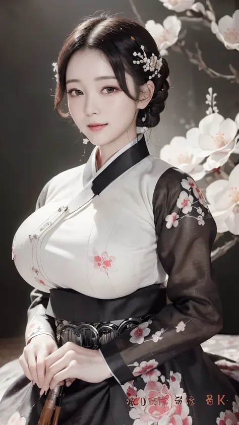 (best quality, 8k, masterpiece: 1.3), ((((((incredibly huge breasts: 1.0))))), hairpin, (beautiful face:1.3), plum blossom ink p...