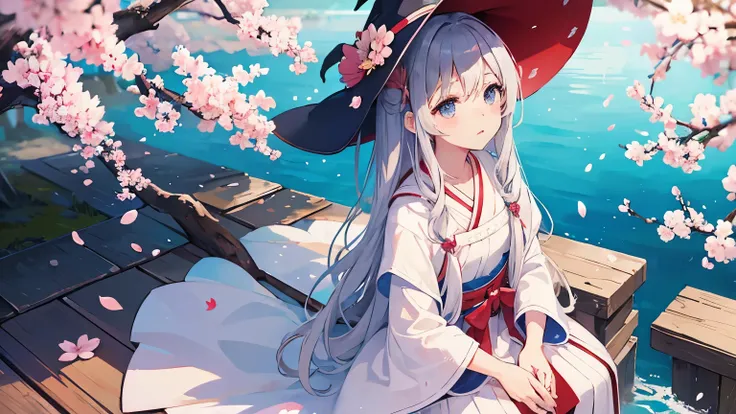 highest quality、Light of the sun、Along the clear river、Cherry blossom trees、witch、hat、Robe、headphone、Silver-haired girl、Cherry blossoms fluttering、Looking up