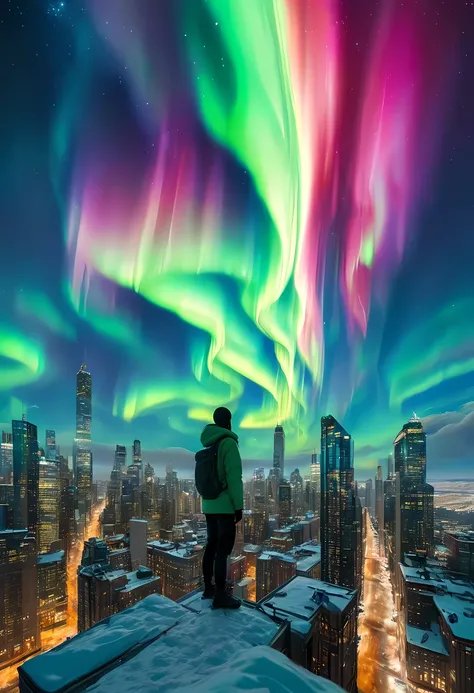 People standing on the rooftops of buildings and looking up, a beautifully shining curtain of aurora borealis waving in the sky above, a superbly beautiful sight, high resolution, ultra-detailed, extremely detailed, 