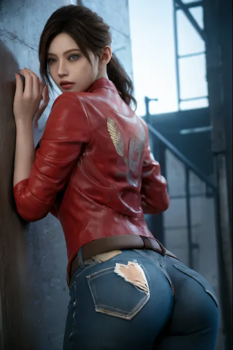 (masterpiece, best quality), 1girl and 1 man, claireredfield2, wear jeans, kiss the man , girl back, the man is pressing girl against the wall