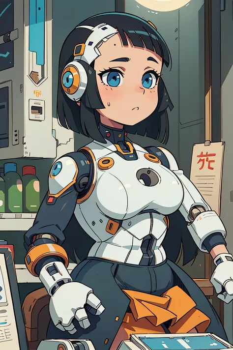 masterpiece, best quality, extremely detailed, portrait,Japaese android girl,Plump,a bit chubby,control panels,android,Droid,Mechanical Hand, ,Robot arms and legs, Black hair,Mechanical body,Blunt bangs,White Robotics Parts,perfect robot woman,Charging spo...