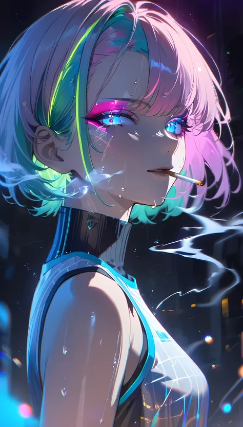 1girl, solo, lucy \(cyberpunk\), cyberpunk \(series\), asymmetrical hair, short hair, blue hair, green hair, pink hair, multicol...