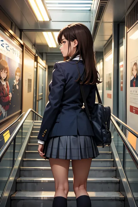 ((highest quality)), ((masterpiece)), (be familiar with),  High school girl riding an escalator on her way home from club activities、brown hair、Navy blazer、Grey plaid skirt、navy blue socks、School bag、Back view、covert photography、Holding the skirt with your...