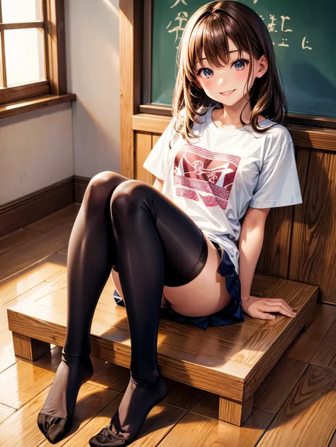 highest quality,Best Image,Japanese,Small breasts,Brown hair long,Elementary school girl,Beautiful girl,smile,T-Shirts,tights