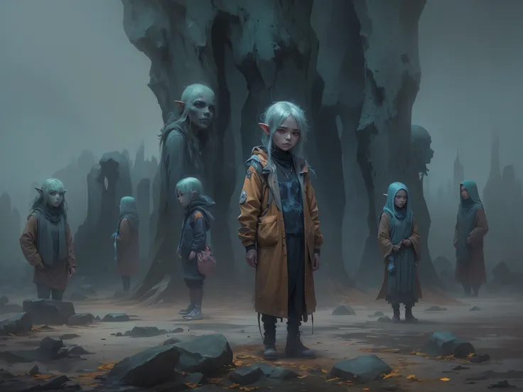 full body length,Labradorite babygirl ,pretty face,eyebrow up,full body shot,ominous landscape,glate gray atmosphere,by art Simon Stalenhag,Nicola Samori,(((Wangechi Mutu))),prime colors,urban,extremely detailed,masterpiece,intricate details,faded,eyes ext...