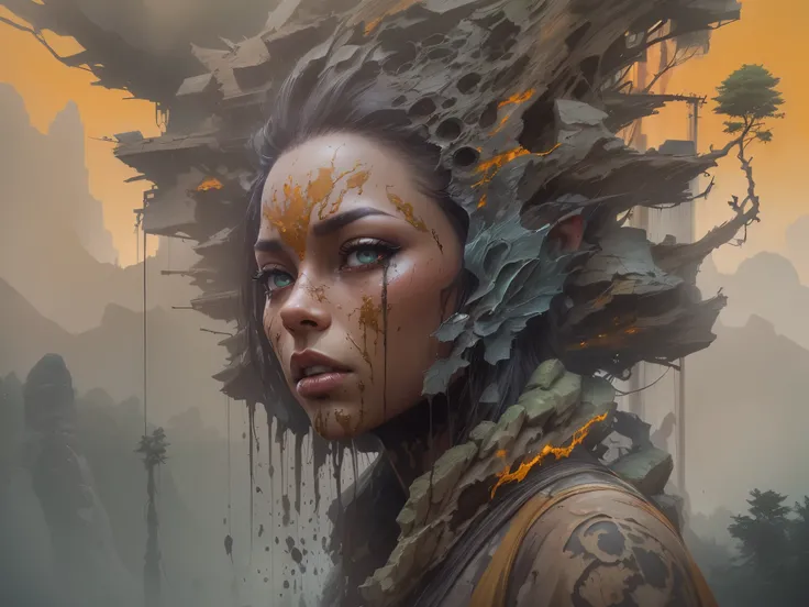 full body length,Wulfenite babygirl ,pretty face,eyebrow up,full body shot,ominous landscape,glate gray atmosphere,by art Simon Stalenhag,Nicola Samori,(((Wangechi Mutu))),prime colors,urban,extremely detailed,masterpiece,intricate details,faded,eyes extre...