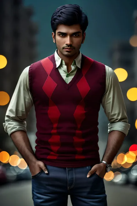 photo of an indian man, wearing a red argyle vest, green collared shirt, and black jeans,  bokeh, outdoor background, masterpiec...