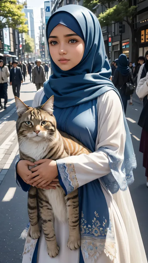 Beautiful 12-year-old hijabi girl, with a meticulously detailed face beneath her traditional headscarf, gracefully rides a giant horse-sized, adorably plump Maine Coon cat with a fluffy white coat and expressive blue eyes gazes up at the sky, its massive p...