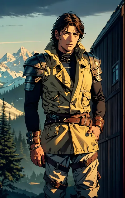 A man with short sandy brown hair, long side-parted bangs, a melancholic gaze, a troubled expression, pale skin, a fantasy-style gray trench coat with a large collar, under which lies leather chest armor, a black belt, worn-out yellowish shoulder pads and ...