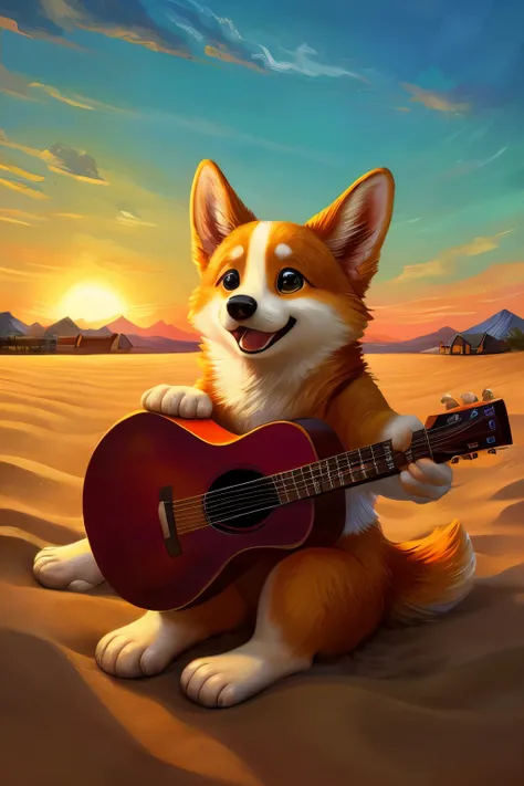 An exquisitely rendered image of a corgi playing a guitar outdoors, set against the breathtaking backdrop of a sand scene and the dynamic skyline, in the distinctive style of the Color Field painters, Star Art Group (Xingxing). The highly realistic illustr...