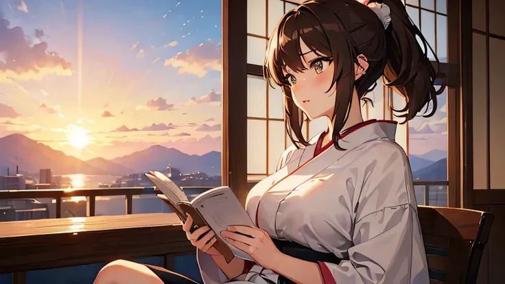 (((big)))), One beautiful girl　Sunset　Japanese anime style　Short Ponytail　Brown Hair　Blushing　sitting on a chair and reading