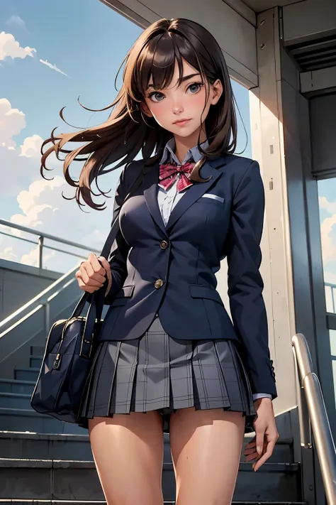 ((highest quality)), ((masterpiece)), (be familiar with),  High school girl riding an escalator on her way home from club activities、brown hair、Navy blazer、Grey plaid skirt、navy blue socks、School bag、Back view、covert photography、Holding the skirt with your...