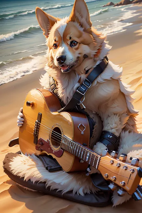 An image of a Corgi, with its tiny paws strumming the strings of a guitar, positioned in the heart of a serene sandy landscape. The scene unfolds against the backdrop of a vivid, Color Field painting reminiscent of the Star Art Group (Xingxing) style. The ...