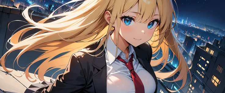 (high quality, 8k, 4K, High Contrast, masterpiece:1.2, 最high quality, Best aesthetics), (Dynamic Angle), Sexy school girl, Detailed face and body, Beautiful breasts, Confident expression, (Blonde, Long Straight Hair), Shiny hair fluttering in the wind, Bla...