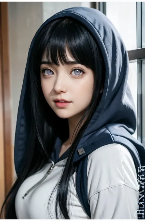 close up image of a person with long hair and a hoodie, hinata hyuga, hinata hyuga from naruto, from naruto, as an anime character, perfect anime face, she has dark blue hair with bangs, female anime character, anime characters, best anime girls, style him...