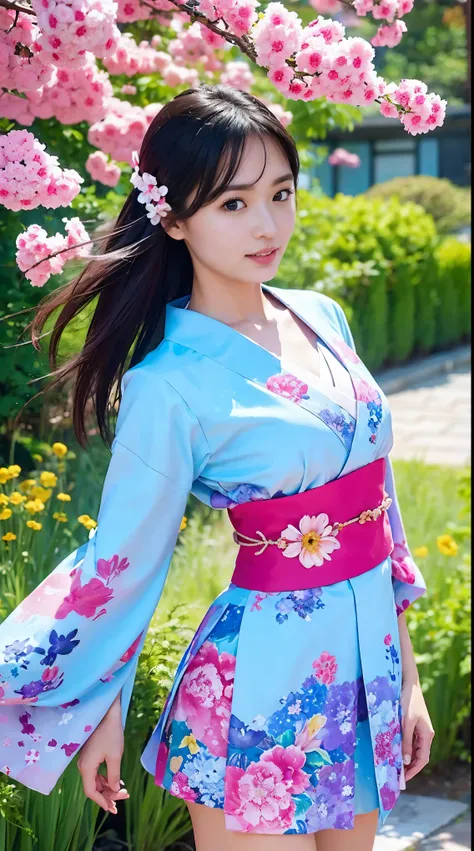(With hair fluttering in the wind, Long eyelashes, The hem of a short skirt is dancing, Wear a kimono dyed with traditional Japanese patterns, Vibrant Background, A garden full of flowers, Soft sunlight, Clear blue sky), Create illustrations with textures ...