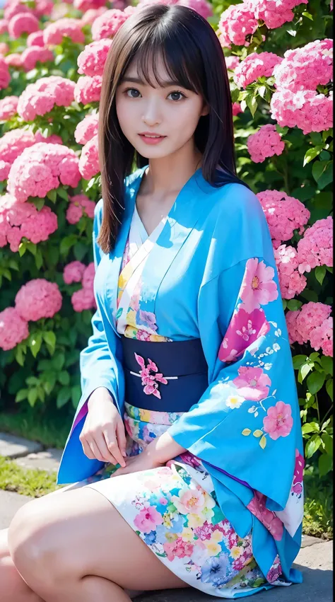 (With hair fluttering in the wind, Long eyelashes, The hem of a short skirt is dancing, Wear a kimono dyed with traditional Japanese patterns, Vibrant Background, A garden full of flowers, Soft sunlight, Clear blue sky), Create illustrations with textures ...