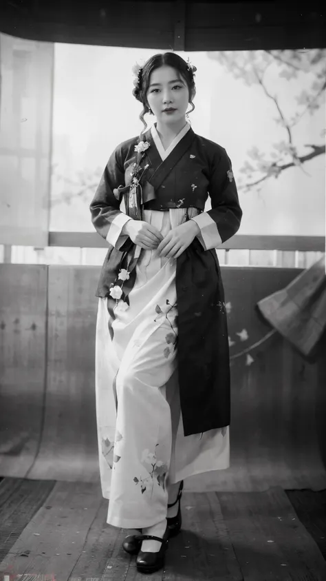 (best quality, 8K, masterpiece: 1.3), ((((((Incredibly huge breasts: 0.8))))), hairpin, (beautiful face:1.3), plum blossom ink painting background,authentic hanbok, 1920s photo studio, (Feels like a faded photo: 1.4), old photos, smile, (black and white ph...