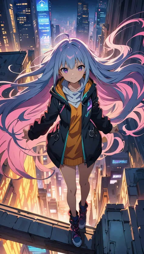 (masterpiece, highest quality:1.2), (Anime artwork, Anime Style, Studio Anime, Very detailed, up to date, Vibrant, Anime Coloring, High Contrast, masterpiece:1.2, Best Quality, Best aesthetics), ((View from the roof of the building:1.2, A woman stands on t...