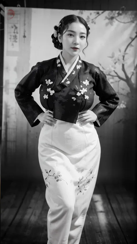 (best quality, 8K, masterpiece: 1.3), ((((((Incredibly huge breasts: 0.8))))), hairpin, (beautiful face:1.3), plum blossom ink painting background,authentic hanbok, 1920s photo studio, (Feels like a faded photo: 1.4), old photos, smile, (black and white ph...