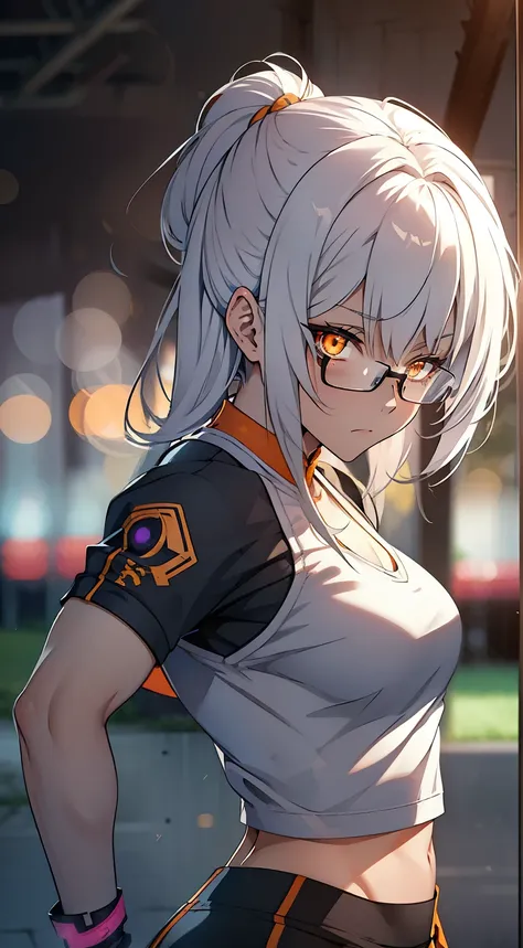 anime girl, white hair, orange eyes, training outdoor, muscular back, toned arms, glasses, alone, serious, tired, bokeh background, epic lighting, abs, glowing eyes