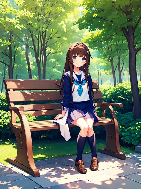 1girl,solo,outdoor,bench,sitting,smile,
 aamanaka,brown_hair,long_hair,blue_eyes,scrunchie,manakauniform mini skirt,sailor_dress,school_uniform,serafuku,sailor_collar,sleeveless,